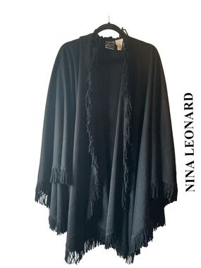 Nina Leonard Black Fringe Open-Front Cape - One Size